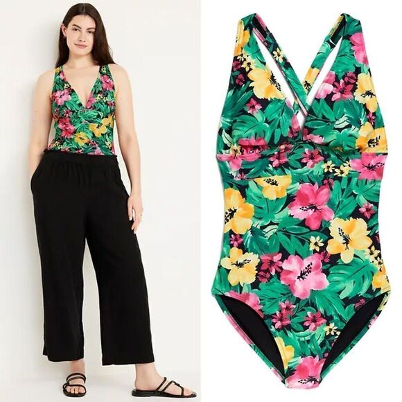 Old Navy Tie-Back One-Piece Swimsuit Tropical Floral Size XL - Picture 12 of 12